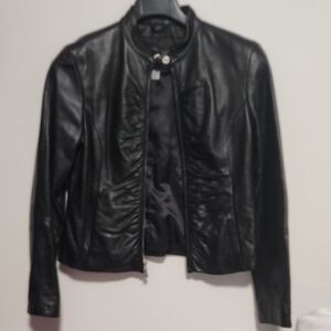 Wilsons Leather Maxima Black Ruched Moto Jacket - Genuine Leather Y2K